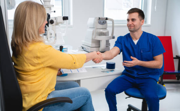 a patient appreciating the eye surgery doctor